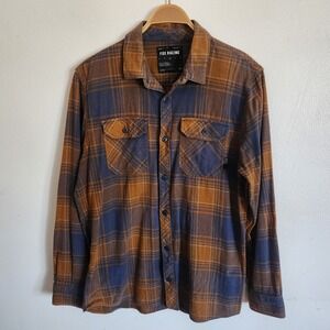 Fox Racing Plaid Flannel Button Up Shirt Large Blue Mustard Long Sleeve Grunge